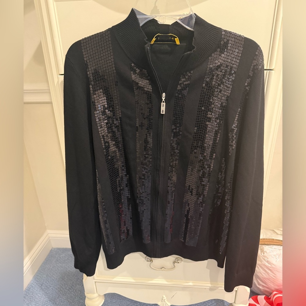 St. John black zipped cardigan with sequins NWT